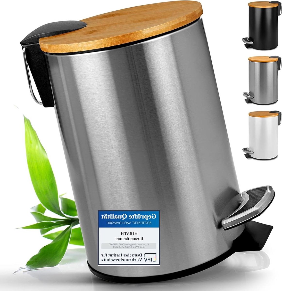 Cosmetica-emmer met bamboedeksel en softclose-mechanisme - Hoogwaardige afvalbak 3 liter voor badkamer - Zilver