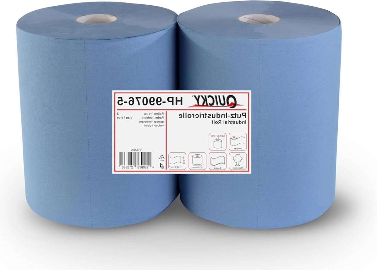 Poetsdoekrol 2-laags Rec. Blauw 1000 vellen werkplaats industrie keuken