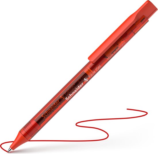 Stylo gel Schneider Fave rouge transparent avec une ligne d'encre rouge.