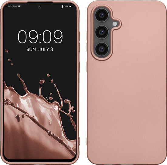 Coque de téléphone en TPU rose doré à côté d'un smartphone affichant une image d'éclaboussure. Découpe caméra visible.