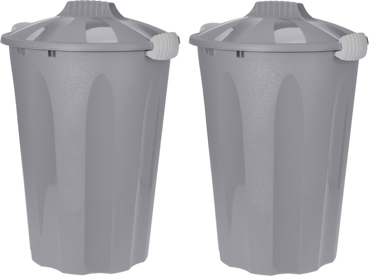 Goedkoopste 2x stuks kunststof wasmanden met deksel rond grijs 40 liter - Wasmanden/wasgoedmanden - Huishouden