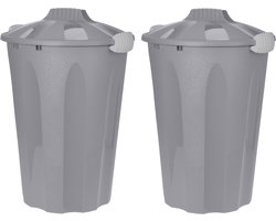 2x stuks kunststof wasmanden met deksel rond grijs 40 liter - Wasmanden/wasgoedmanden - Huishouden
