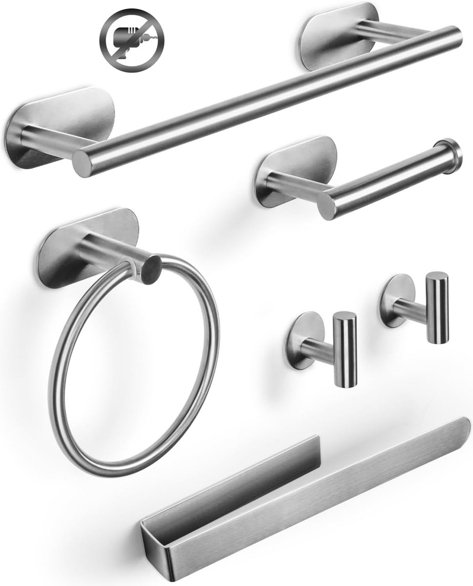 Riokem ® Complete 6-delige Badkamer Handdoekhouder Set met Zelfklevende Bevestiging, Geschikt voor Badkamer, Keuken en Kantoor