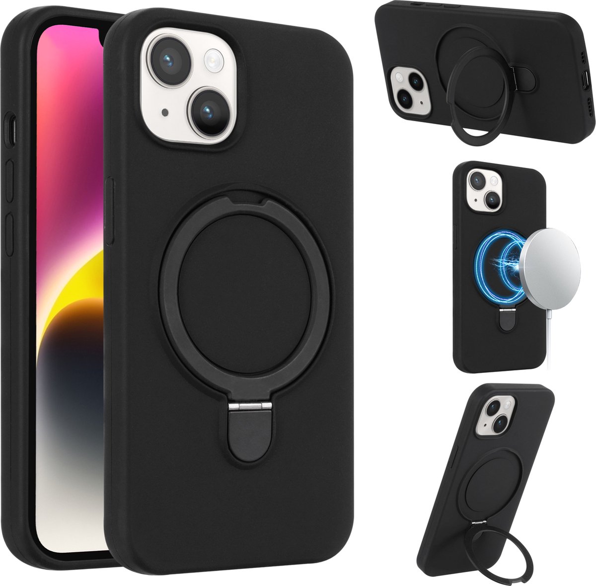 Geschikt voor iPhone 13 Hoesje Met Magnetische Standaard - Telefoonhoesje - Backcase Cover - Backcover Case - Magnetisch Hoesje - Hoesje Met Standaard - Zwart