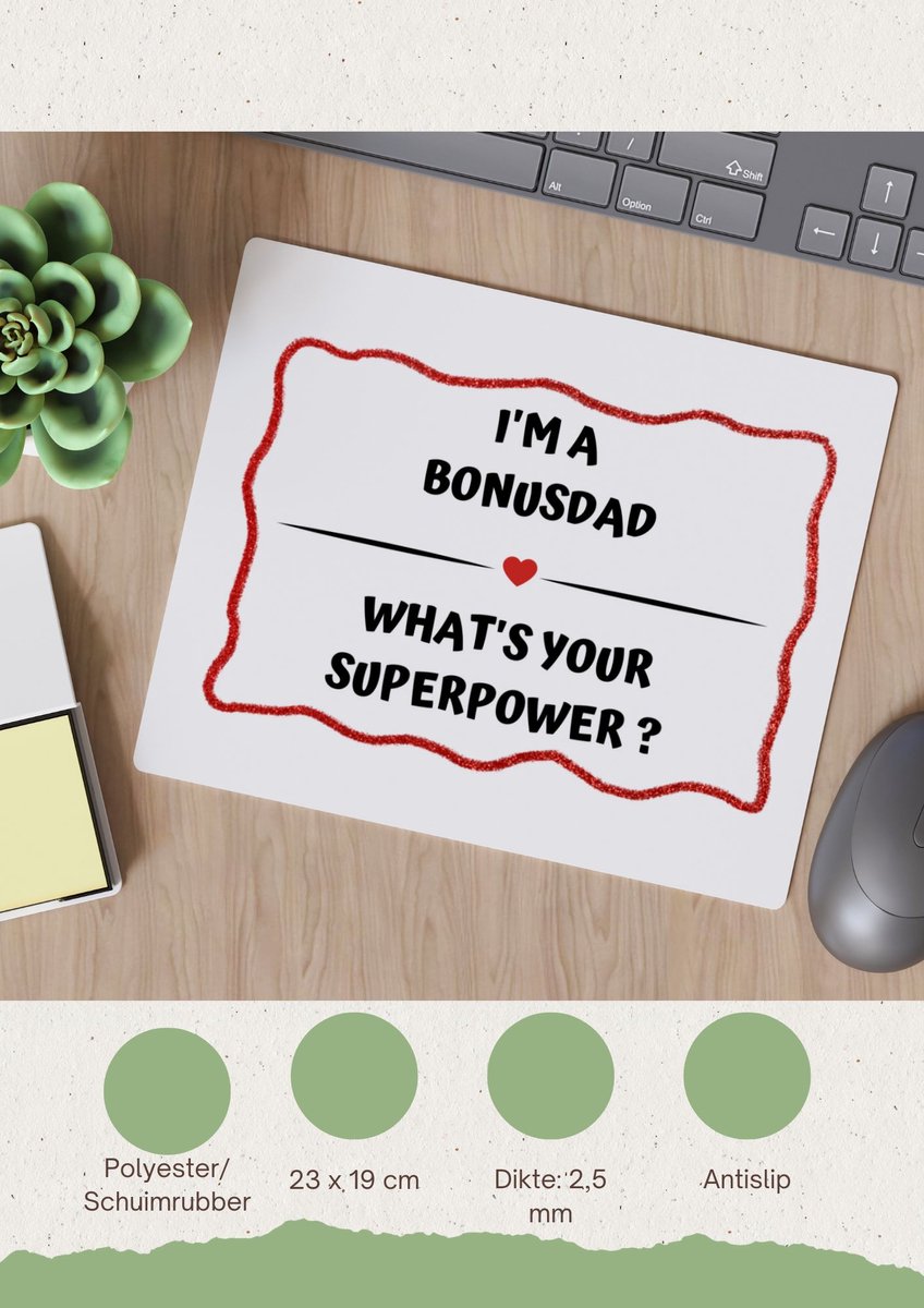 Akyol - i'm a bonusdad what's your superpower? Muismat - Papa - super bonusvader - vader cadeautjes - vaderdag - verjaardag - geschenk - kado - 23 bij 19 cm