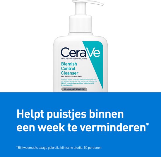 CeraVe Blemish Control Cleanser reinigingsgel met pompdispenser. Witte fles met turquoise en zwarte opdruk.