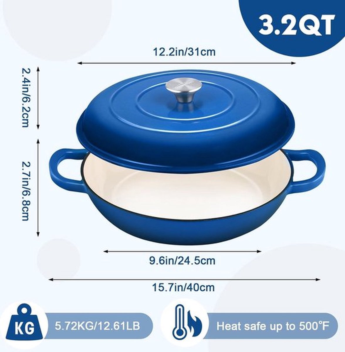 PolkaHome 30 cm emaille gietijzeren braadpan met deksel voor stoofschotels en bakken blauw