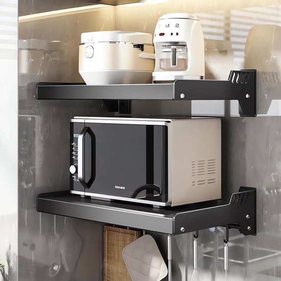 304 roestvrijstalen wandgemonteerde magnetronrek, multifunctionele opslag voor oven, specerijen, servies, met 5 haken, opbergplank organizer voor keuken badkamer rek, 60 x 30 cm, 60 x 35 cm magnetron