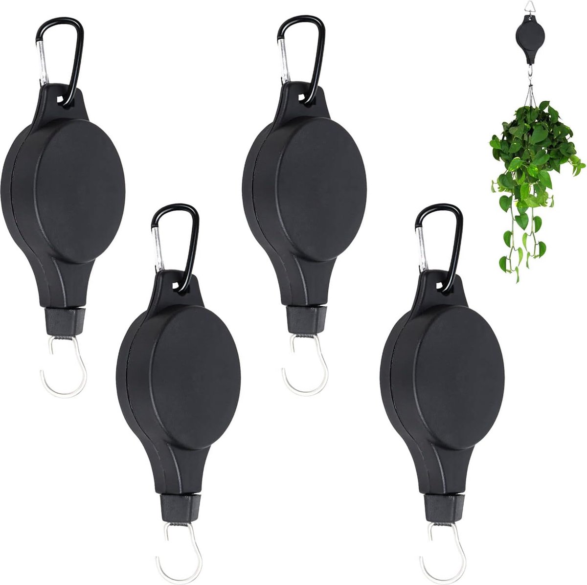 Riokem ® 4-Pack plantenhangers met katrol, intrekbare plantenhaken voor het ophangen van zware binnen- en buitenplanten, bloempotten, manden en voederbakken voor vogels - Zwart