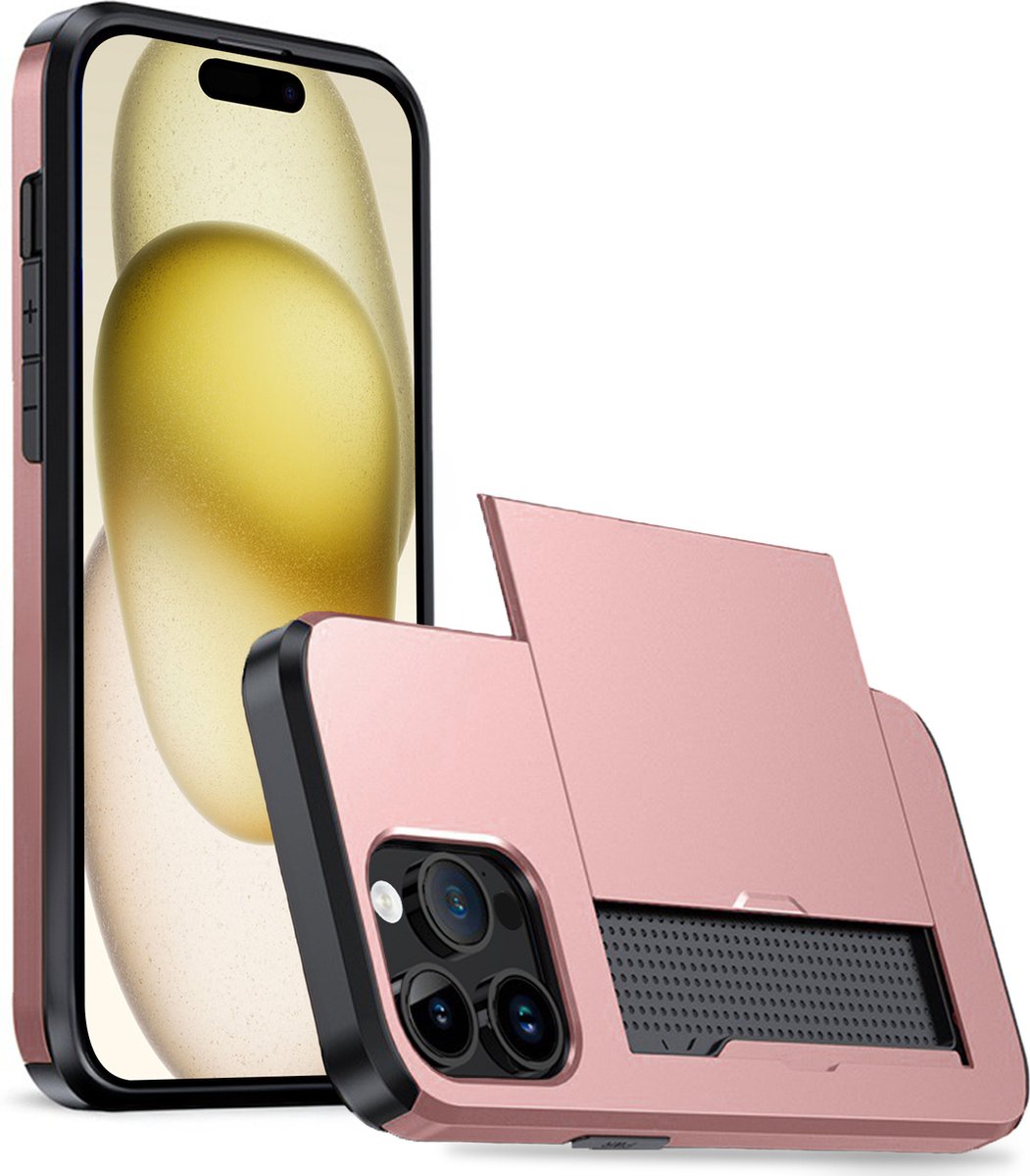 Hoesje Geschikt voor iPhone 15 Pro Max Hoesje Case Pashouder Hard Cover - Hoes Geschikt voor iPhone 15 Pro Max Hoesje Met Kaarthouder - Rosé goud