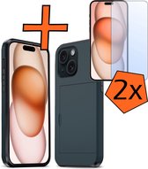 Coque pour iPhone 15 Plus avec porte-cartes, coque rigide résistante aux chocs avec 2 films de protection d'écran – Coque adaptée pour iPhone 15 Plus avec porte-cartes – Bleu foncé