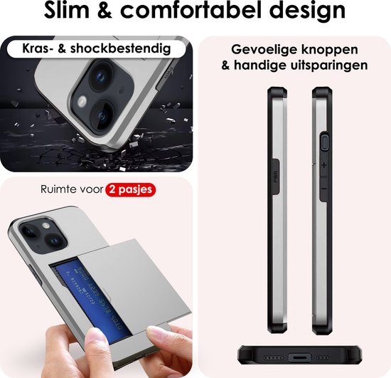 Coque adaptée pour iPhone 15 Plus, porte-cartes, coque rigide avec protecteur d'écran, résistante aux chocs, coque rigide avec porte-cartes – Grijs