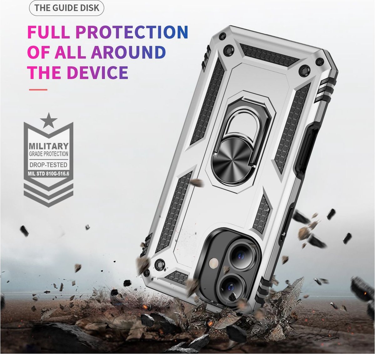Mobigear Hoesje geschikt voor Apple iPhone 16 Plus Telefoonhoesje Hardcase | Mobigear Armor Ring Backcover Shockproof met Ringhouder | Schokbestendig iPhone 16 Plus Telefoonhoesje | Anti Shock Proof - Zilver