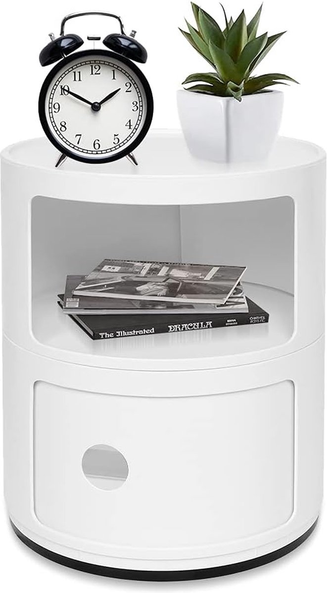 Goodivery ® Moderne 2-Laagse Ronde Bijzettafel met Lade, Wit, ABS Kunststof