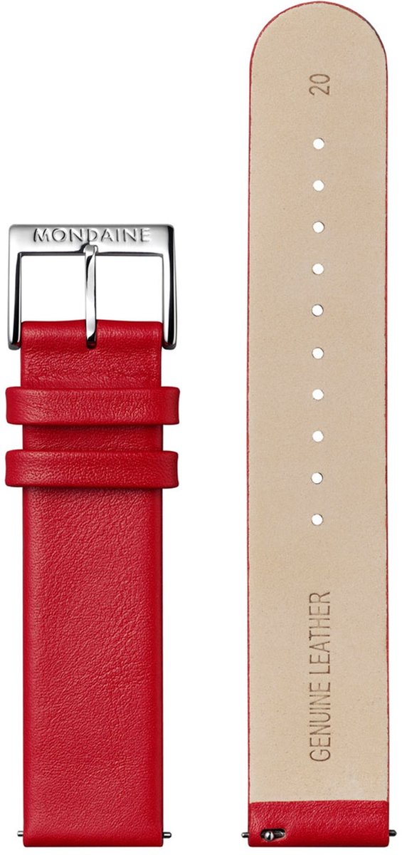 Mondaine BM20205 Horlogeband - Stationsklok - Leer - Rood - 20 mm breed - 19 cm lang