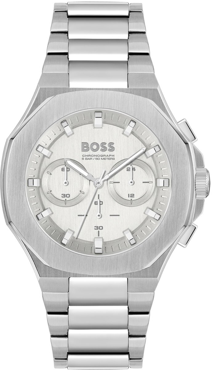 BOSS HB1514087 TAPER Heren Horloge - Chronograaf - Mineraalglas - Staal - Zilverkleurig - 45 mm breed - Quartz - Vouw-Vlindersluiting - 5 ATM (douchen)