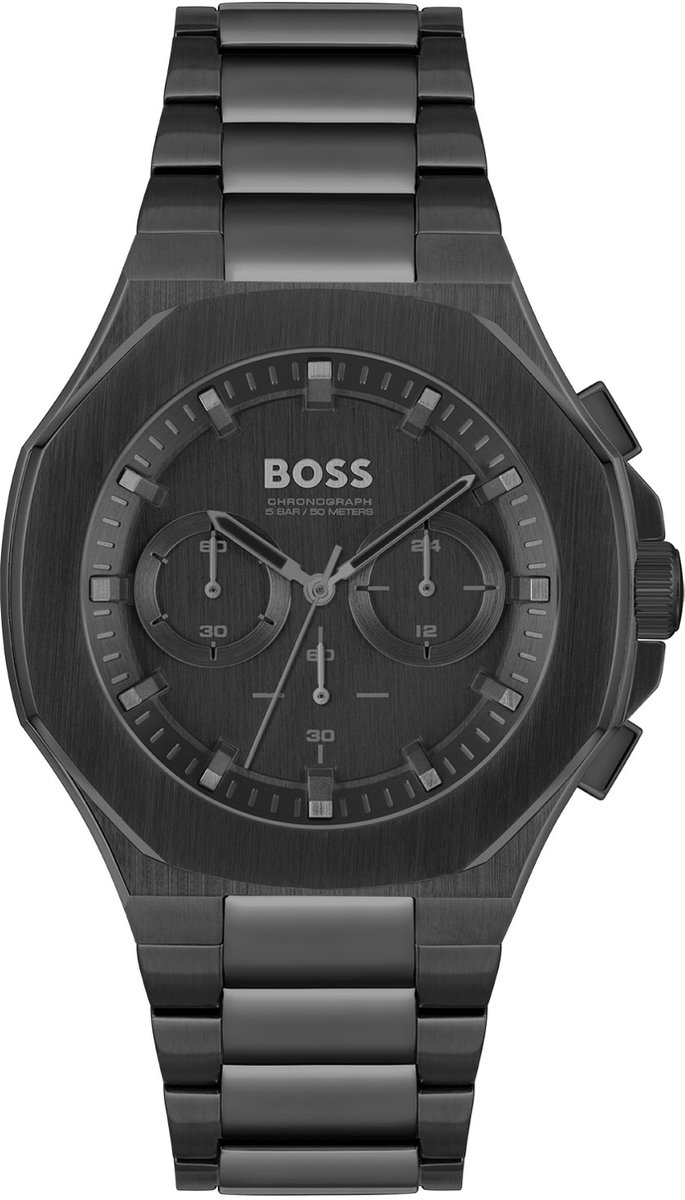 BOSS HB1514088 TAPER Heren Horloge - Chronograaf - Mineraalglas - Staal - Zwart - 45 mm breed - Quartz - Vouw-Vlindersluiting - 5 ATM (douchen)