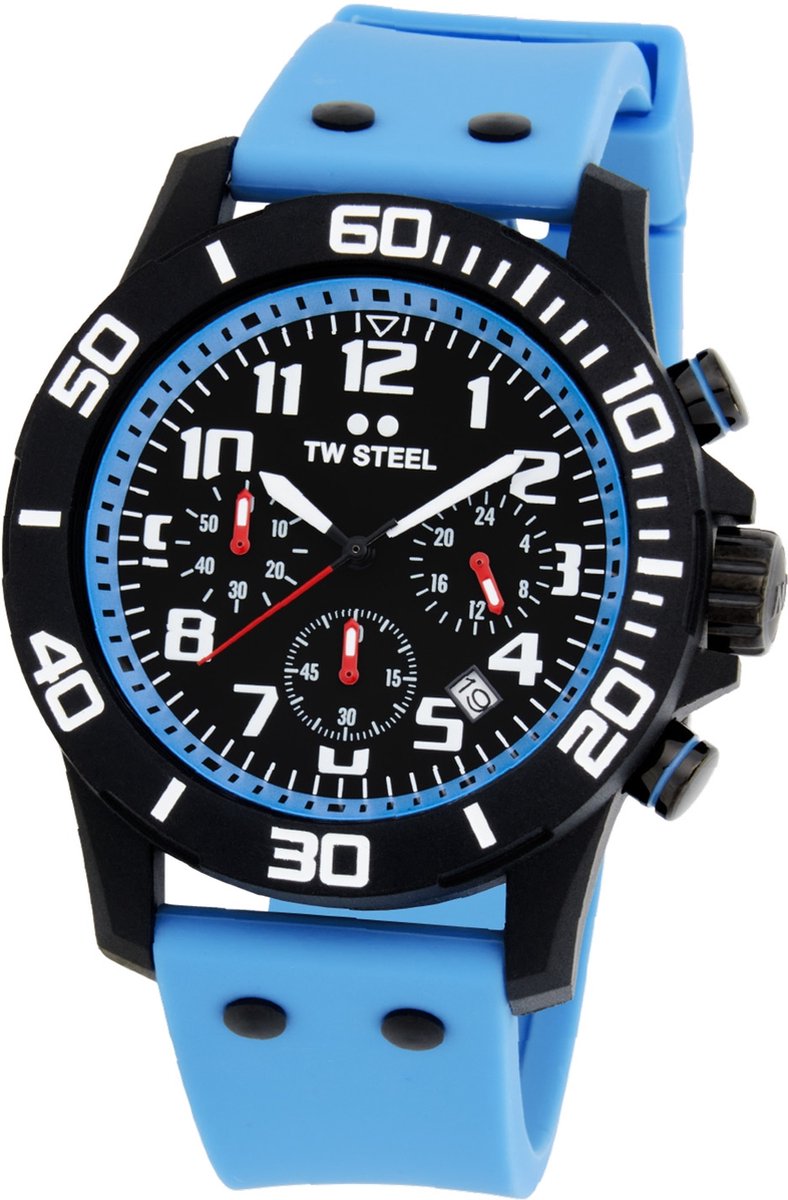 TW Steel TWCA4 Carbon Heren Horloge - Chronograaf - Mineraalglas - Kunststof-Silicone - Blauw-Zwart - 44 mm breed - Quartz - Gesp - 10 ATM (zwemmen)