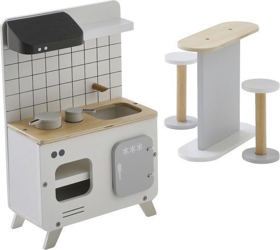 Houten speelgoedkeukentje in wit met grijze details, inclusief aanrecht met kraan, kookplaten, oven en een bar met twee krukjes.
