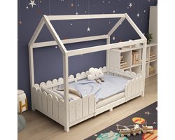 Gutent Kinderbed, Wit (Zonder matras) , 90x200 cm, Multifunctioneel Houten kinderbed voor jongens en meisjes, huisstijl, met valbeveiliging en lattenbodem