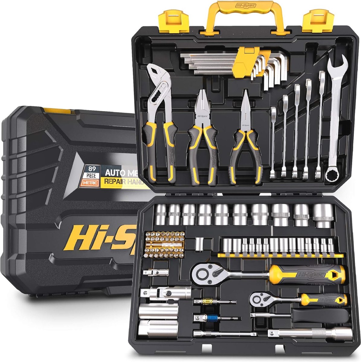 Gereedschap - Gereedschapset Auto Mechanica - Handgereedschapsset - met Koffer - 82-Delige - voor Auto - Thuis - Garage - Motorfiets - Thuis Reparaties - Onderhoud - 37 x 9 x 29 cm - Geel