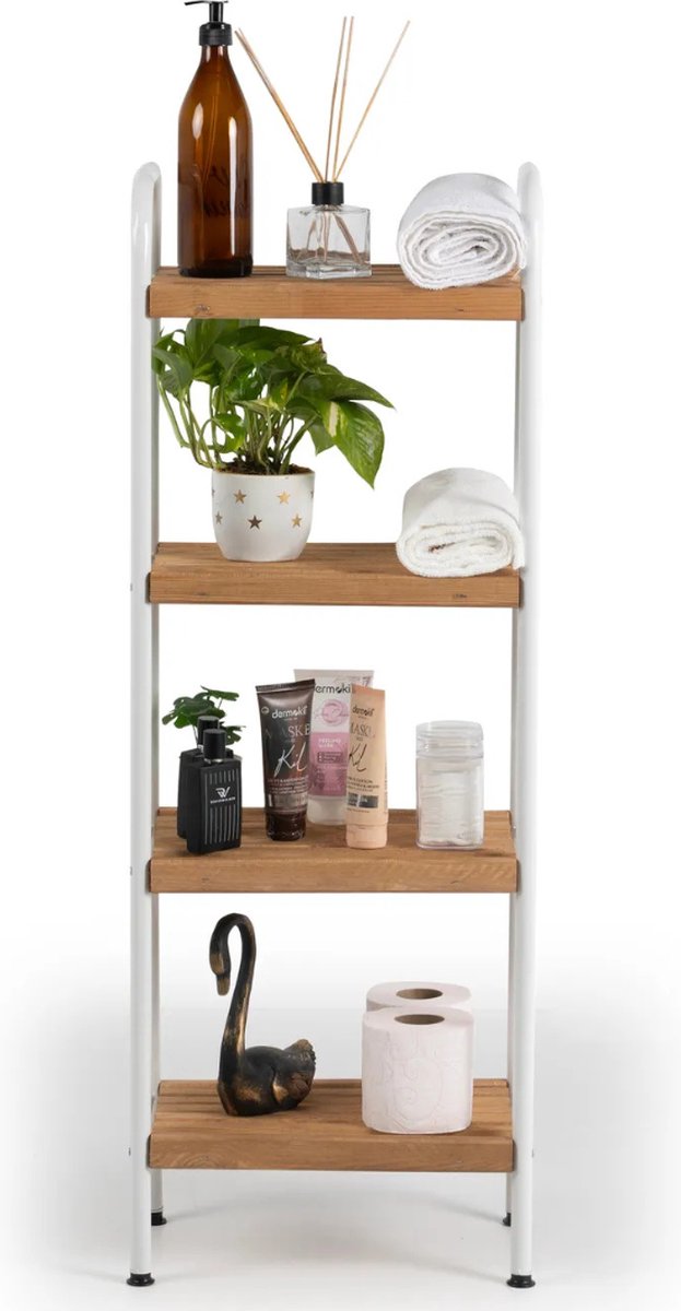 Keukentrolley - Keukenkast - Keukenrek Staand - Boekenkast - Badkamerrek - Handdoekenrek - Industrieel - Metaal - Wit - Hout - Bruin- 37x23x100 cm