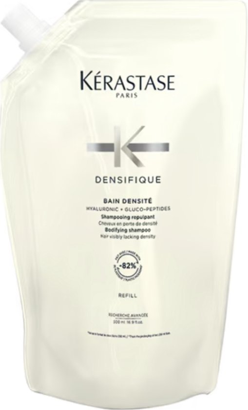 Kérastase Bain Densité shampoo navulling, witte zak met pompje, voor haar met gebrek aan densiteit.