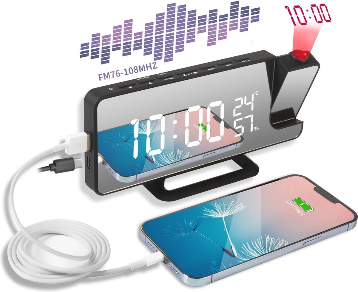 Projectiewekker met Spiegelscherm en USB-Aansluiting - Digitale Wekker met 6 Helderheidsniveaus en Dubbel Alarm