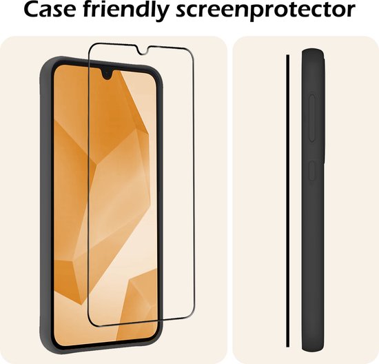 Schermprotector die case-vriendelijk is, naast een smartphone en de zijkant van een telefoonhoesje.