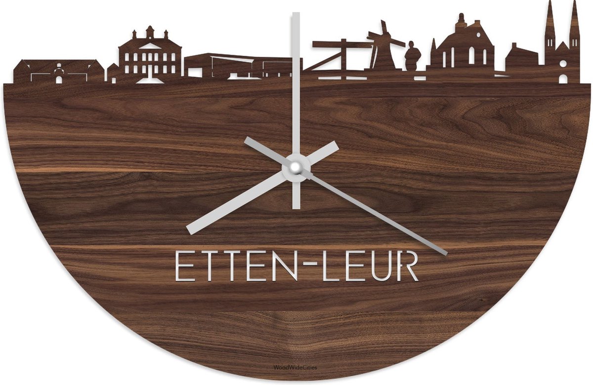 Skyline Klok Etten-Leur Notenhout - Ø 40 cm - Stil uurwerk - Wanddecoratie - Meer steden beschikbaar - Woonkamer idee - Woondecoratie - City Art - Steden kunst - Cadeau voor hem - Cadeau voor haar - Jubileum - Trouwerij - Housewarming -