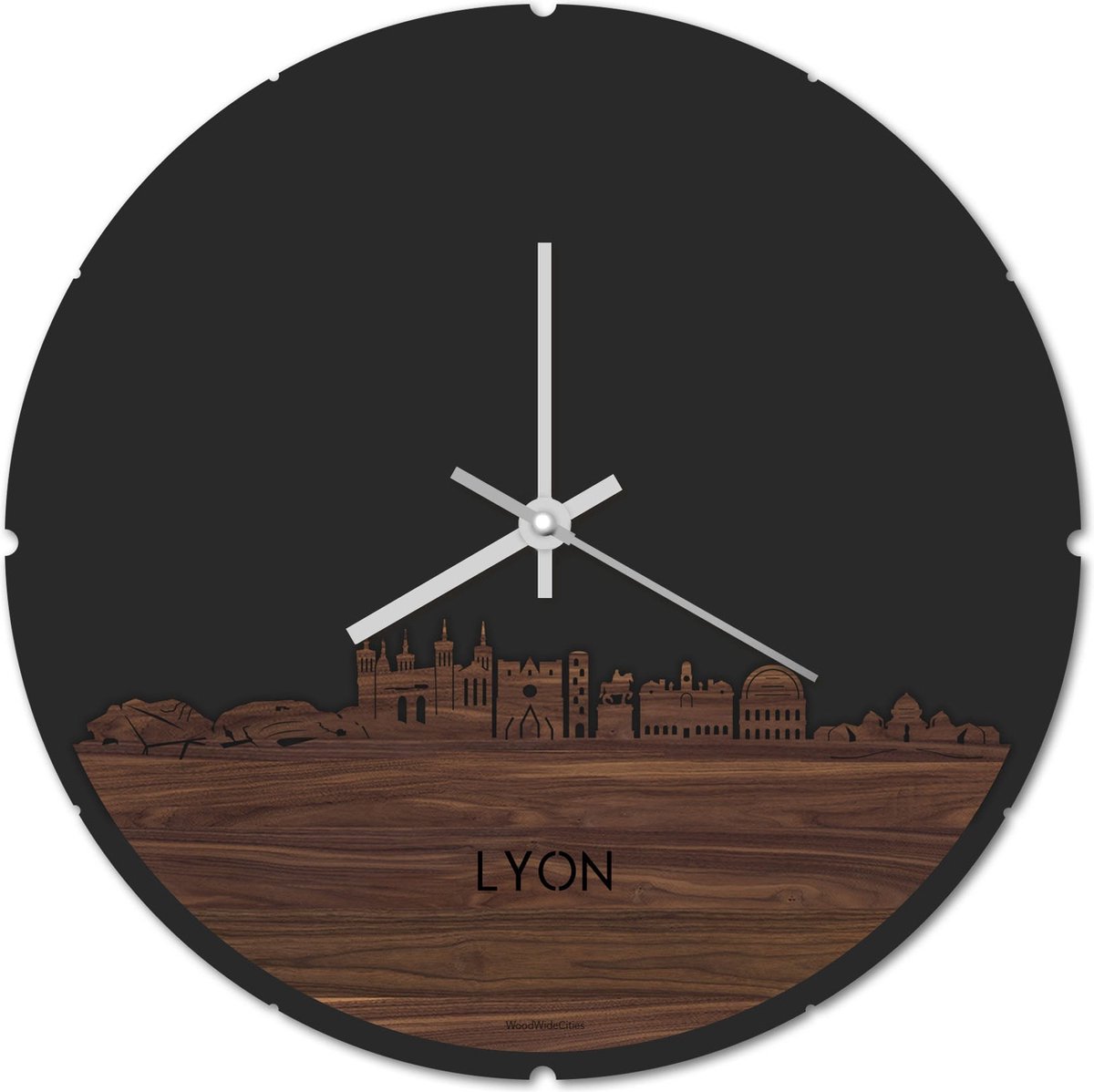 Skyline Klok Rond Lyon Notenhout - Ø 44 cm - Stil uurwerk - Wanddecoratie - Meer steden beschikbaar - Woonkamer idee - Woondecoratie - City Art - Steden kunst - Cadeau voor hem - Cadeau voor haar - Jubileum - Trouwerij - Housewarming - WoodWideCities