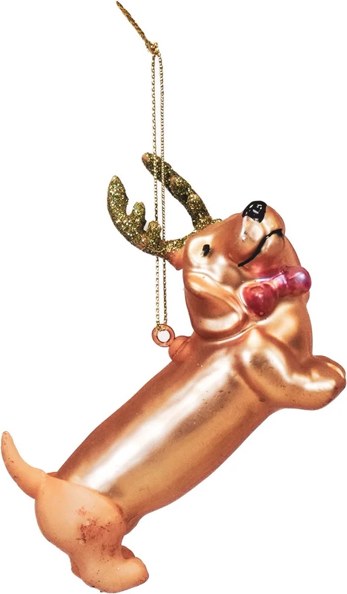 Housevitamin Kersthanger Teckel Rendier – Glas – 10x4,5x8,5 cm – Glazen Kerstbal Hond – Grappige Vrolijke Kerstversiering bruin