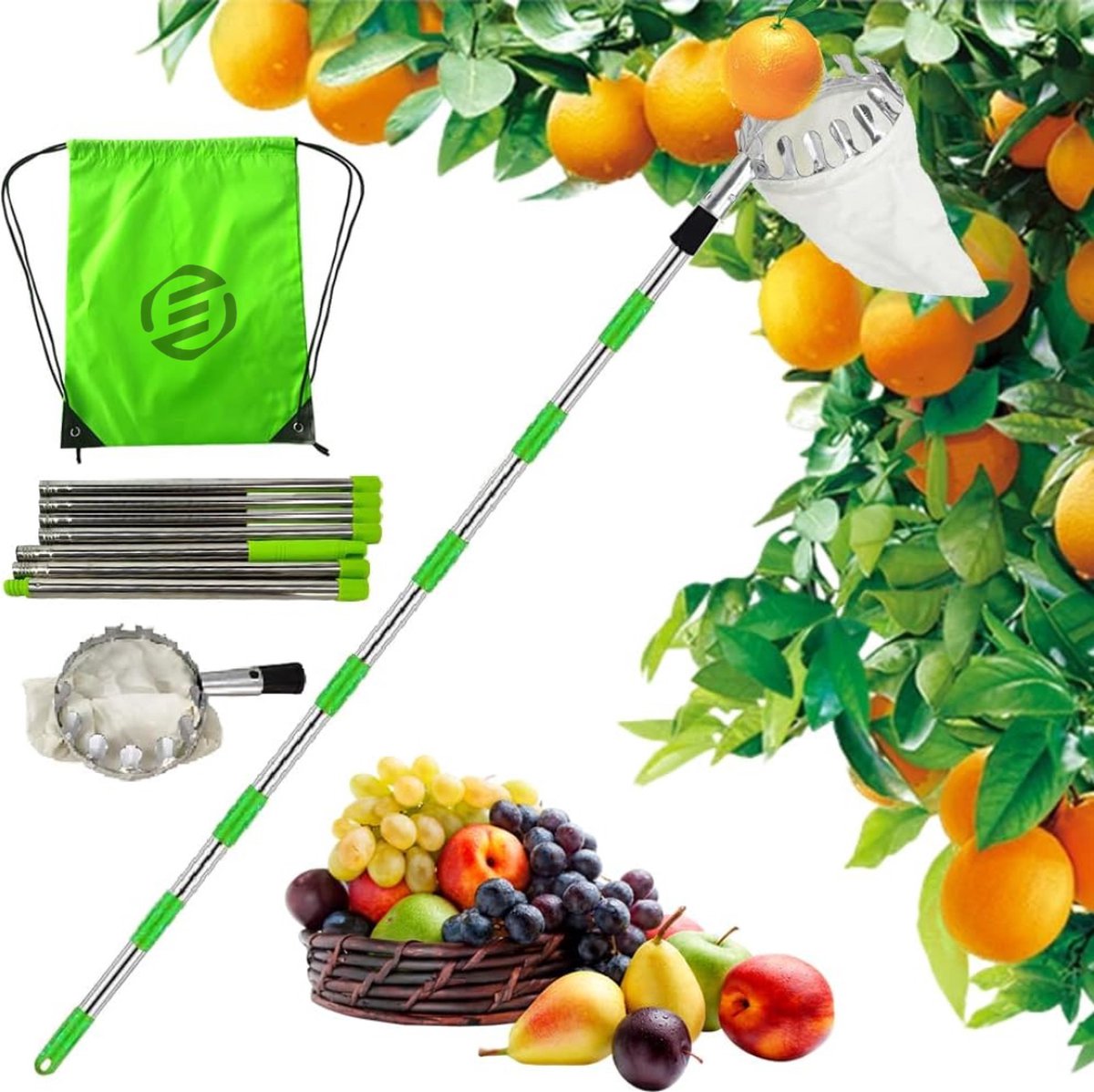Equivera Appelplukker - Fruitplukker - Appel Plukker - Fruit Plukker - Fruitplukker met Steel - Appelplukker met Steel - Vluchtenplukker - Gemakkelijk fruit plukken!