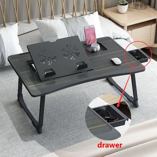 Table pour ordinateur portable Homebloom - Support pour ordinateur portable avec tiroir - Travail sur lit/canapé - Incl. porte-gobelet et porte-téléphone - Support inclinable pour ordinateur portable - Pliable