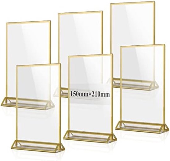 Lot de 6 supports de table en acrylique, format A5, cadre photo double face, porte-cartes de menu en plexiglas, doré, support en T, support de comptoir, adapté pour photos, numéros de mariage, café, restaurant
