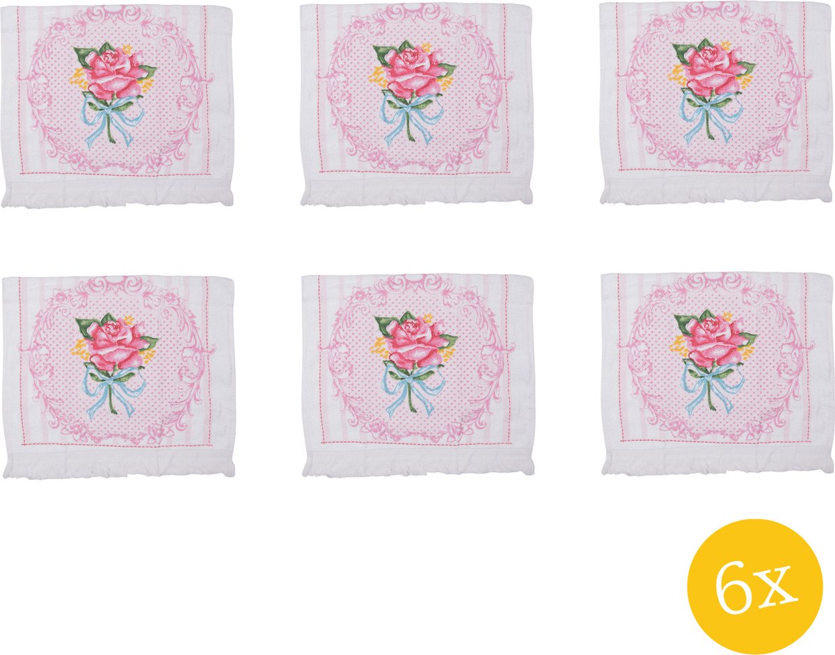 Clayre & Eef Gastendoekje set van 6 stuks 40x66 cm Roze Blauw Katoen Rechthoek Roos Toilet