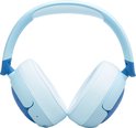 Lichtblauwe JBL koptelefoon met blauwe oorschelpen en hoofdband, op zwarte achtergrond.