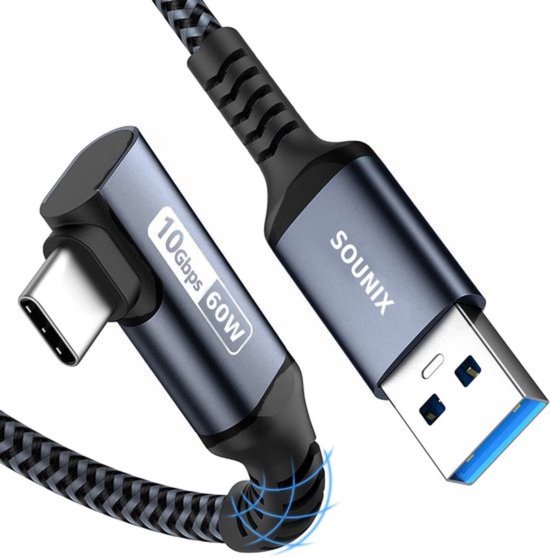 Foto: Sounix usb c kabel usb 3 2 naar usb c 2 meter usb c naar usb a usb 3 2 snellader oplader oplaadkabel l shape gevlochten nylon