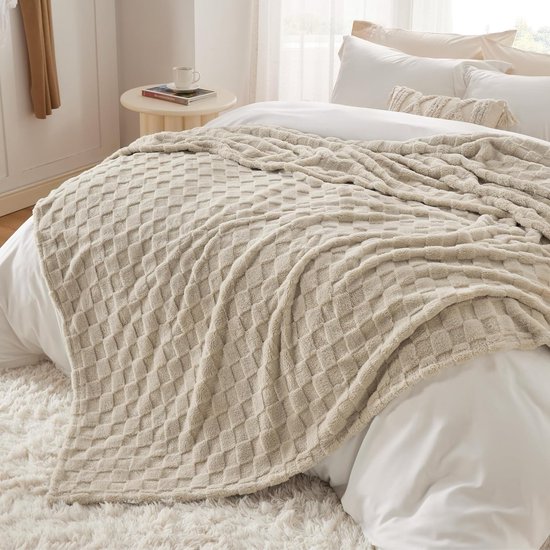 Inovra ® Couverture polaire XXL veloutée et douce à carreaux pour lit, beige, 270 x 230 cm