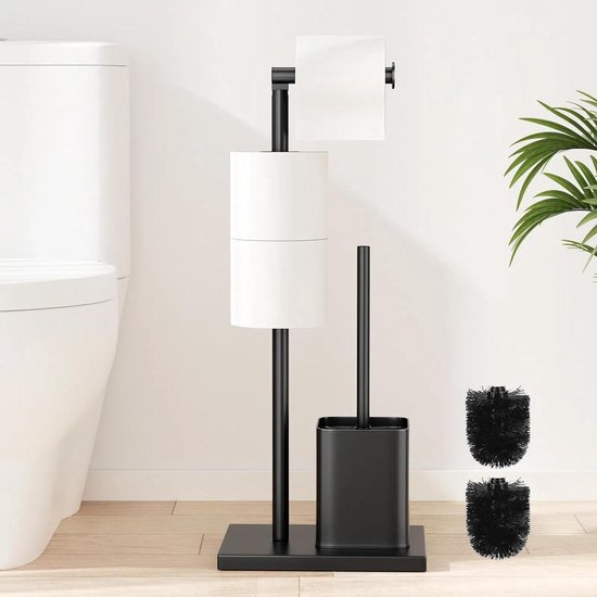 Porte papier toilette sur pied avec brosse WC - Acier inoxydable - Ensemble WC sur pied - Majordome de toilette noir mat