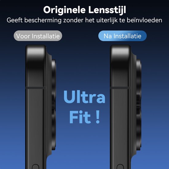 Zijaanzicht van een telefooncamera vóór installatie en na installatie van een 'Ultra Fit' Mobstore lensbeschermer.