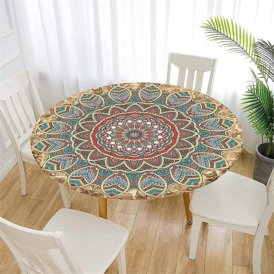 Fansu Rond tafelkleed 120 cm, afveegbaar rond mandala-tafelkleed met elastische rand, waterafstotend polyester, goudkleurig groen tafelkleed voor buiten, picknick in de tuin, keuken