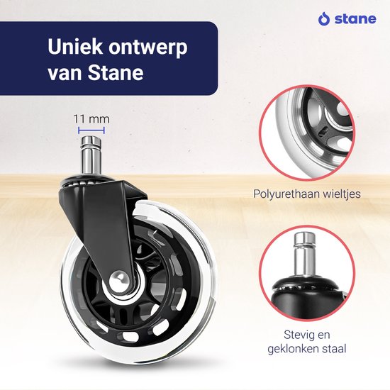 Uniek ontwerp van Stane: polyurethaan wieltjes met een diameter van 11mm, stevig en geklonken staal.