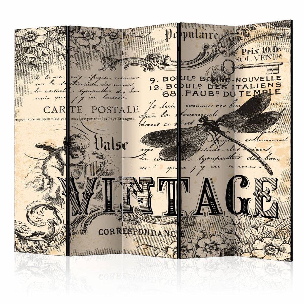 Vouwscherm - Vintage Correspondentie 225x172cm , gemonteerd geleverd, dubbelzijdig geprint (kamerscherm)