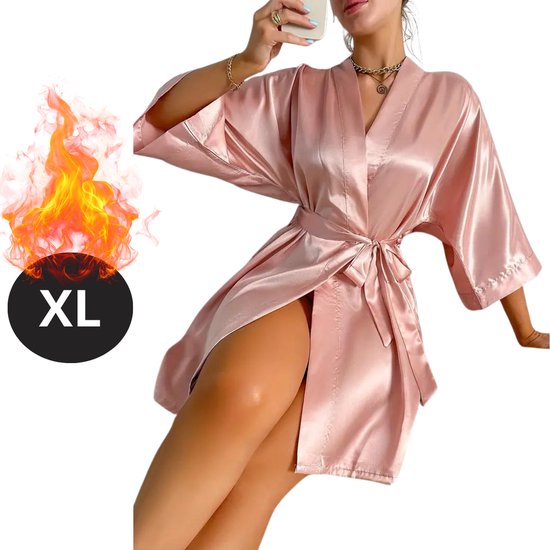 Livano Satijnen Jurk - Slipdress - Pyama Dames - Badjas - Ochtendjas - Kimono - Erotisch - Kamerjas - Roze XL