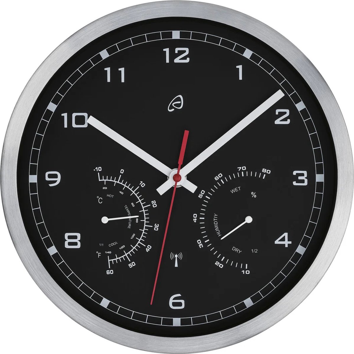 AURIOL® Radiogestuurde Wandklok Zwart - Thermometer en Hygrometer - Zwarte Klok van Geborsteld aluminium