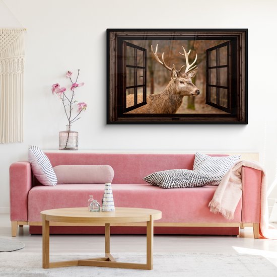 Affiche sous cadre - Cadre photo 120x80 cm - Posters - Cerf - Animal - Forêt - Automne - Tête de cerf - Marron - Transparent - Cadre affiche noir - Décoration - Décoration murale salon - Décoration murale chambre