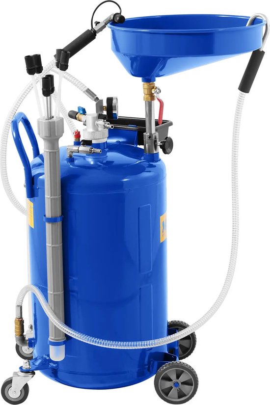 Blauw olievat met verrijdbaar onderstel, verstelbare steel met trechter, slangen en opvangbak.