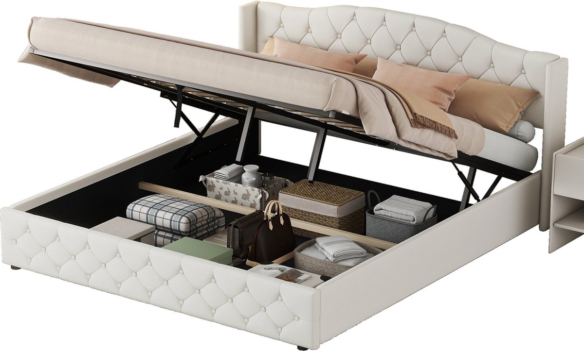 Merax Tweepersoonsbed 180x200 cm - Bed met Hydraulische Opbergruimte - Beige - Stabiel Houten en Stalen Frame