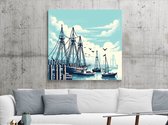 Pixel art haven schilderij | Haven Harbour: Een Boeiend Kunstwerk in Pixel Perfectie | Kunst - 100x100 centimeter op Forex | Foto op Forex